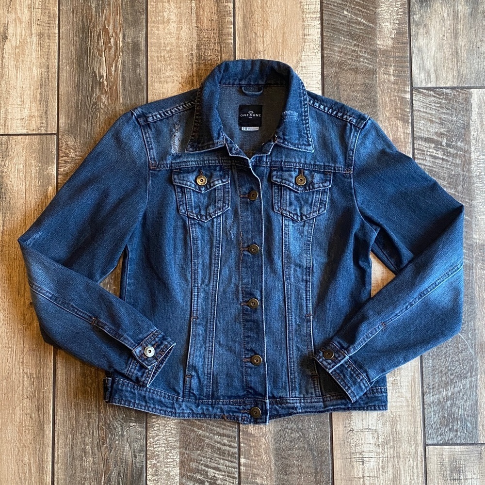 One 5 One Dark Blue Distressed Jean Jacket